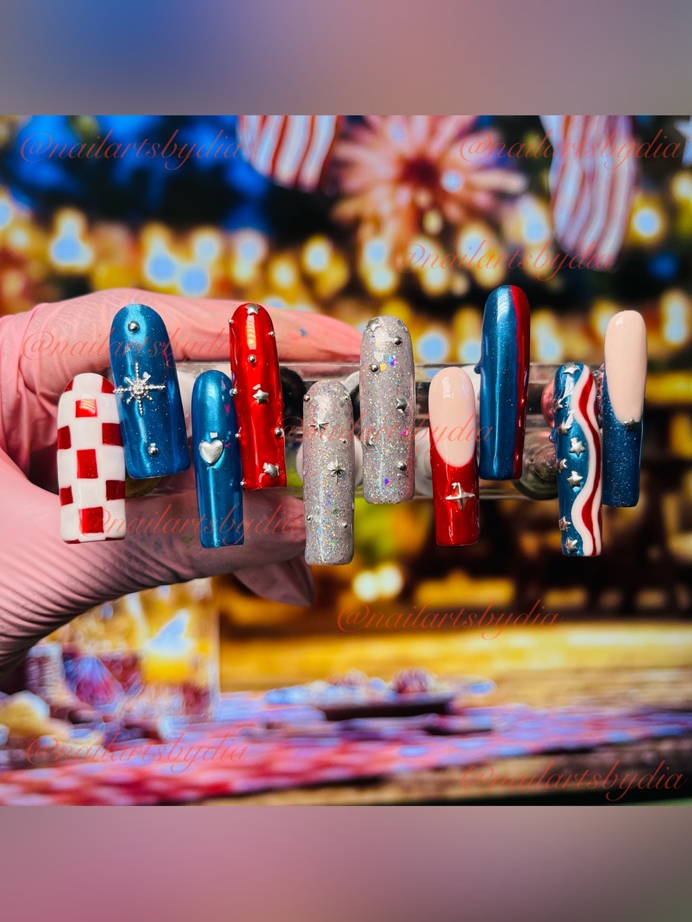 Patriotic Red, Blue & Silver Acrylic Nail Set